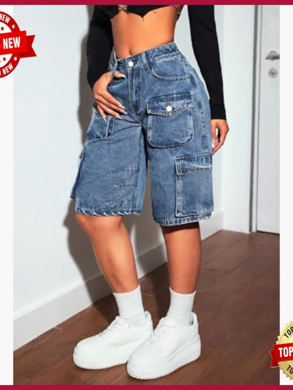 High Waisted Baggy Cargo Denim Shorts with Pockets